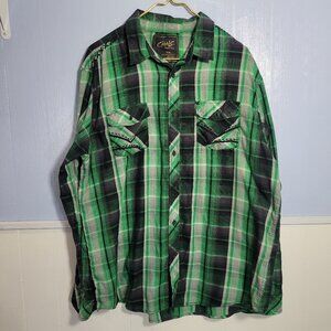 Chalc XXL Bright Green Black Button Front Longsleeve Embroidered Plaid Shirt